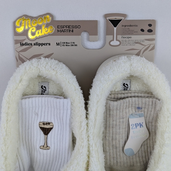 Espresso Martini Slipper Embroider Sherpa  Memory Foam Slip On Ivory M (7/8) NWT - Picture 10 of 14